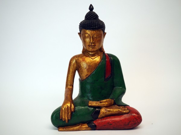 Bemalter Buddha aus Holz mit Bhumisparsha Mudra